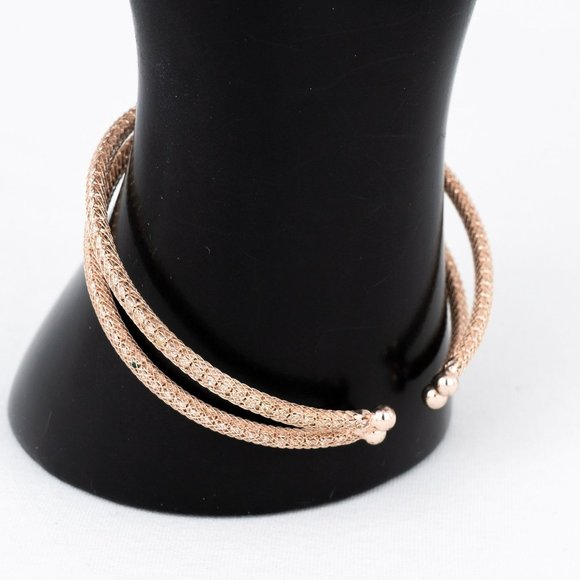 Cuff Bracelet Crossing Rose Gold Tone Mesh Over Rhinestone Memory Wire Flexible - Picture 2 of 4